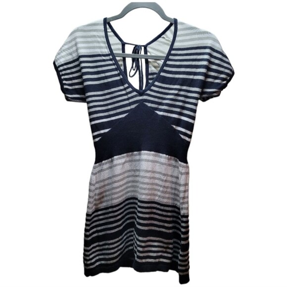 Windsor Short Sleeve Low Back Tie Striped Mini Dress Black and Gray Womens Large - Picture 1 of 9
